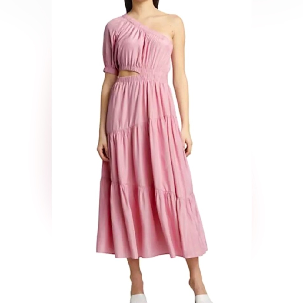 MOON RIVER Anthropologie one shoulder pink cut out tiered maxi dress